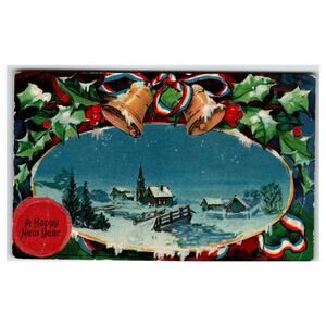 Vintage Christmas New Year Postcard Snowy Village with Holly & Bells